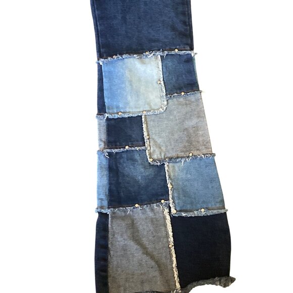 Y2K Zana Di Patchwork Flare Jeans Raw Hem Studded Skater Festival Hong Kong Sz 5 - Picture 7 of 13